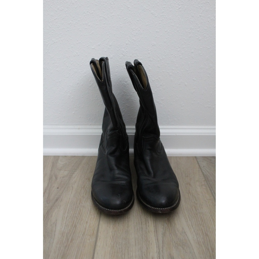 Justin L3703 Black Leather‎ Roper Western Cowboy Boots Womens 7 B Made in USA